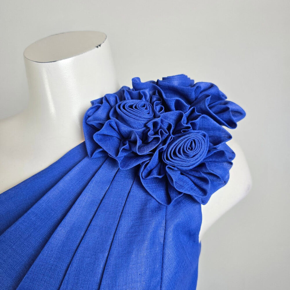 Vintage 80s Lalana House Couture One Shoulder Blue Rosette Cocktail Dress Sz S - Picture 3 of 12
